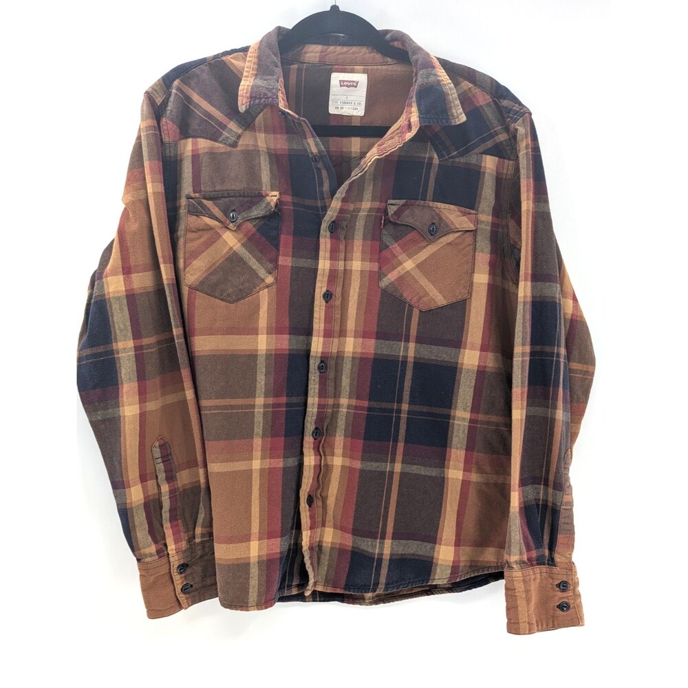 Levis Brown Tan Long Sleeve Cotton Button Up Plaid Flannel Mens Size Large